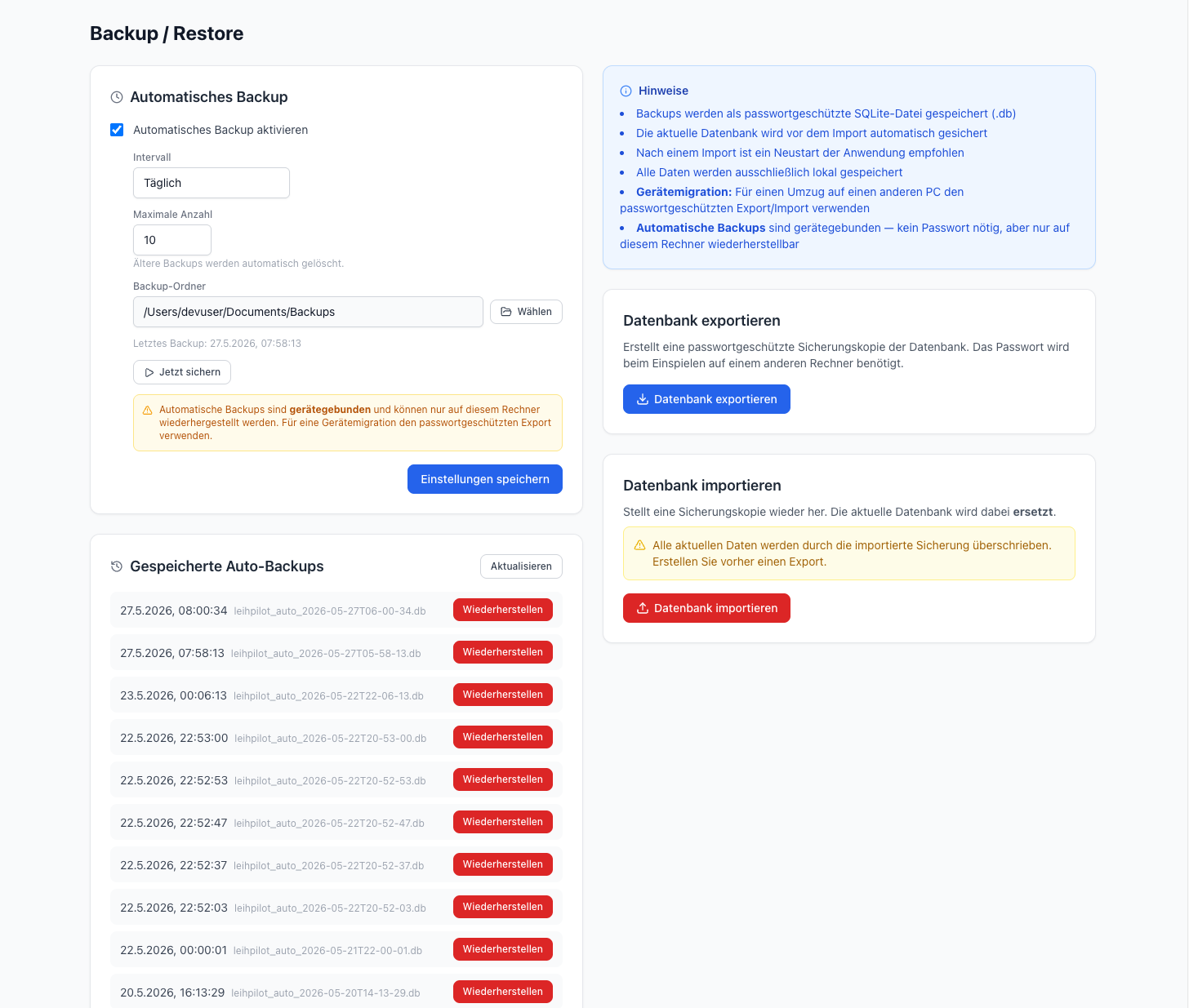 Backup-Seite mit Export, Import, automatischen Backups (Intervall + Zielordner) und Liste vorhandener Sicherungen