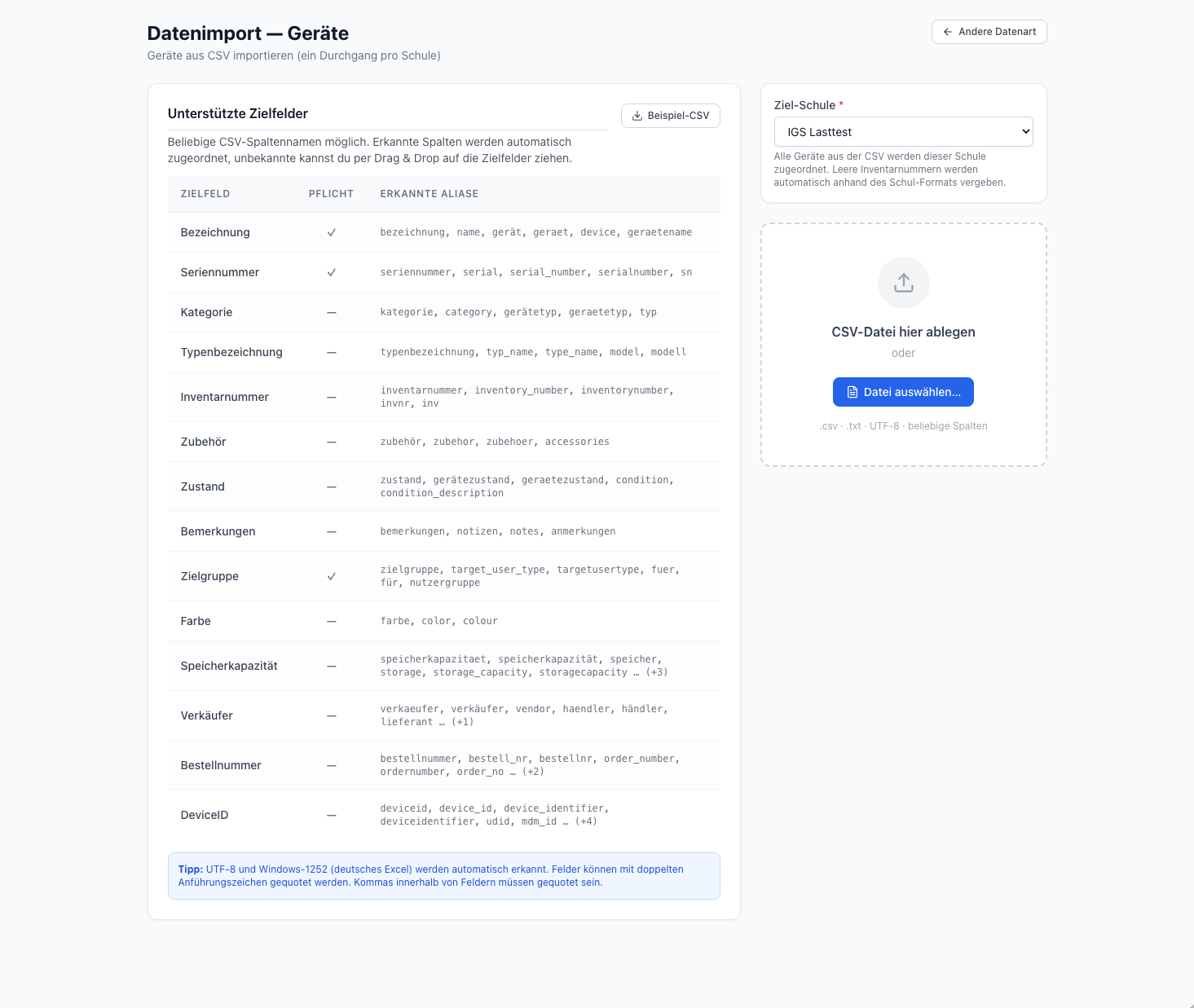 CSV-Spalten-Mapping für den Geräte-Import mit Drag-and-Drop-Zuordnung