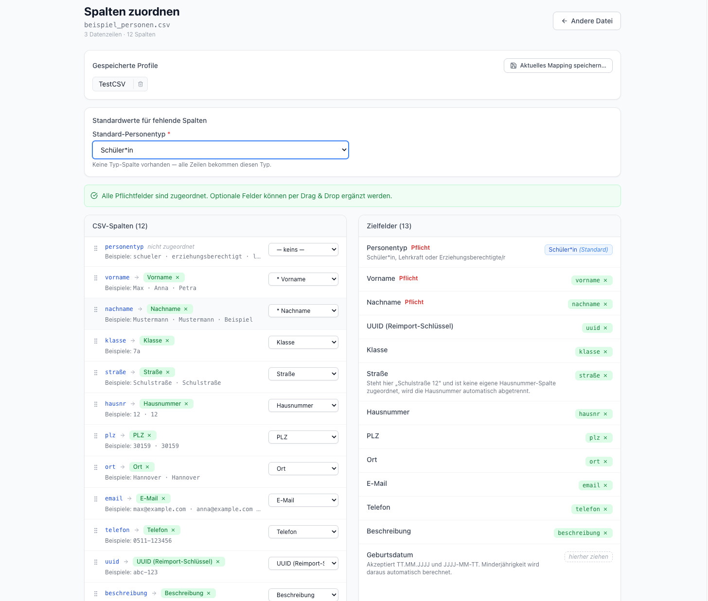 CSV-Spalten-Mapping für den Personen-Import mit Pflichtfeld-Validierung