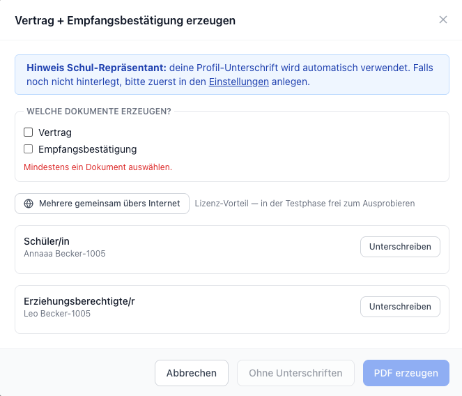 Dialog zum Erzeugen von Vertrag und Empfangsbestätigung: Auswahl der Dokumente, der Unterzeichnenden und des Unterschrift-Wegs