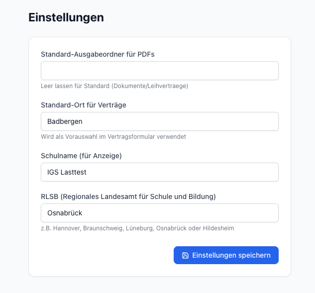 Einstellungen mit Ausgabeordner, Standardort, Schulname und RLSB-Auswahl