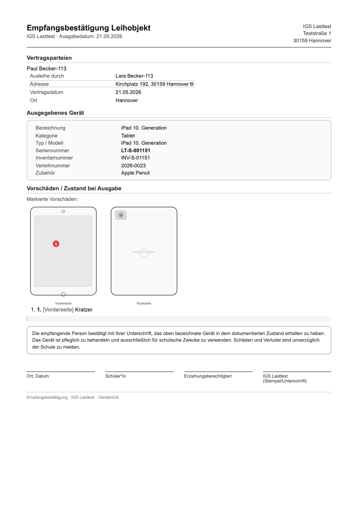 Empfangsbestätigung als PDF mit Vertragsparteien, Gerät, Vorschäden-Skizze und Unterschriftenfeldern