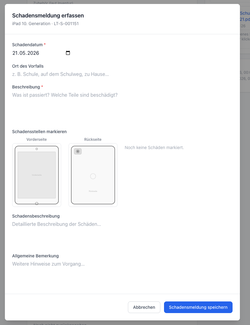 Schadensmeldung-Dialog mit Datum, Ort, Beschreibung und Schadensmarkern