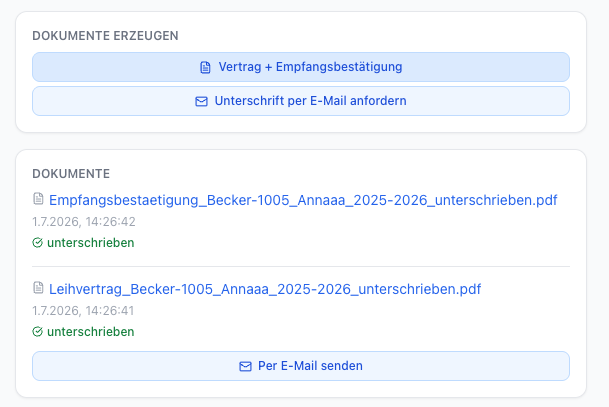 Vertragsdetailseite mit dem Knopf „Unterschrift per E-Mail anfordern“ und der Liste der bereits unterschriebenen Dokumente
