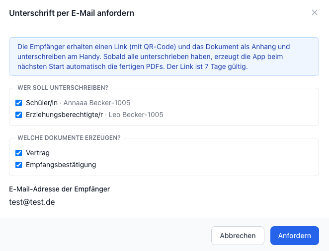 Dialog „Unterschrift per E-Mail anfordern“: Empfänger auswählen, Dokumente festlegen und E-Mail-Adresse eingeben