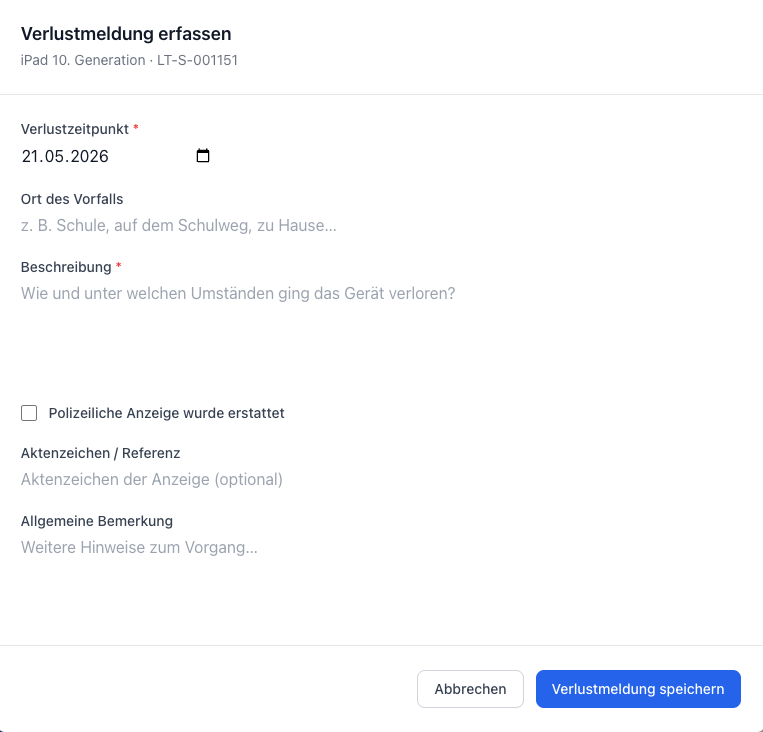 Verlustmeldung-Dialog mit Zeitpunkt, Ort, Beschreibung und Feld für polizeiliches Aktenzeichen
