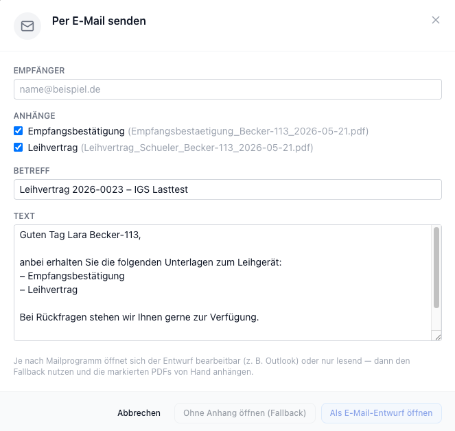 Dialog „Per E-Mail senden“: Empfänger, Anhänge (Empfangsbestätigung, Leihvertrag), Betreff und Nachrichtentext — öffnet einen fertigen E-Mail-Entwurf